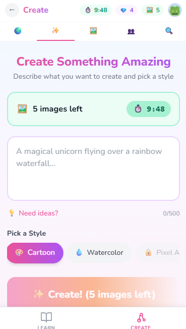 iRainbow Create - type a prompt and pick an art style to generate AI artwork