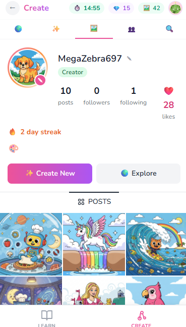 iRainbow Create - creator profile with artwork gallery, followers, and streak counter